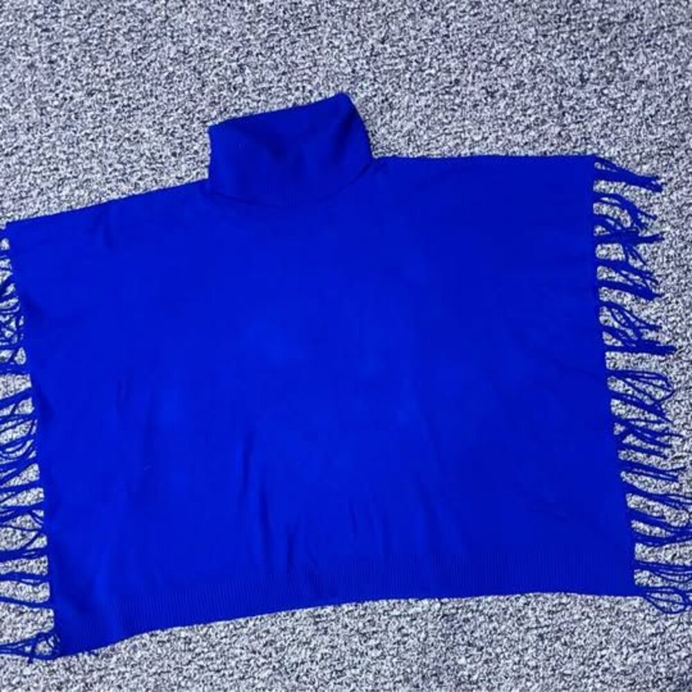 Royal Blue Turtleneck Knit Poncho Sweater with Fringe Chicos S/M